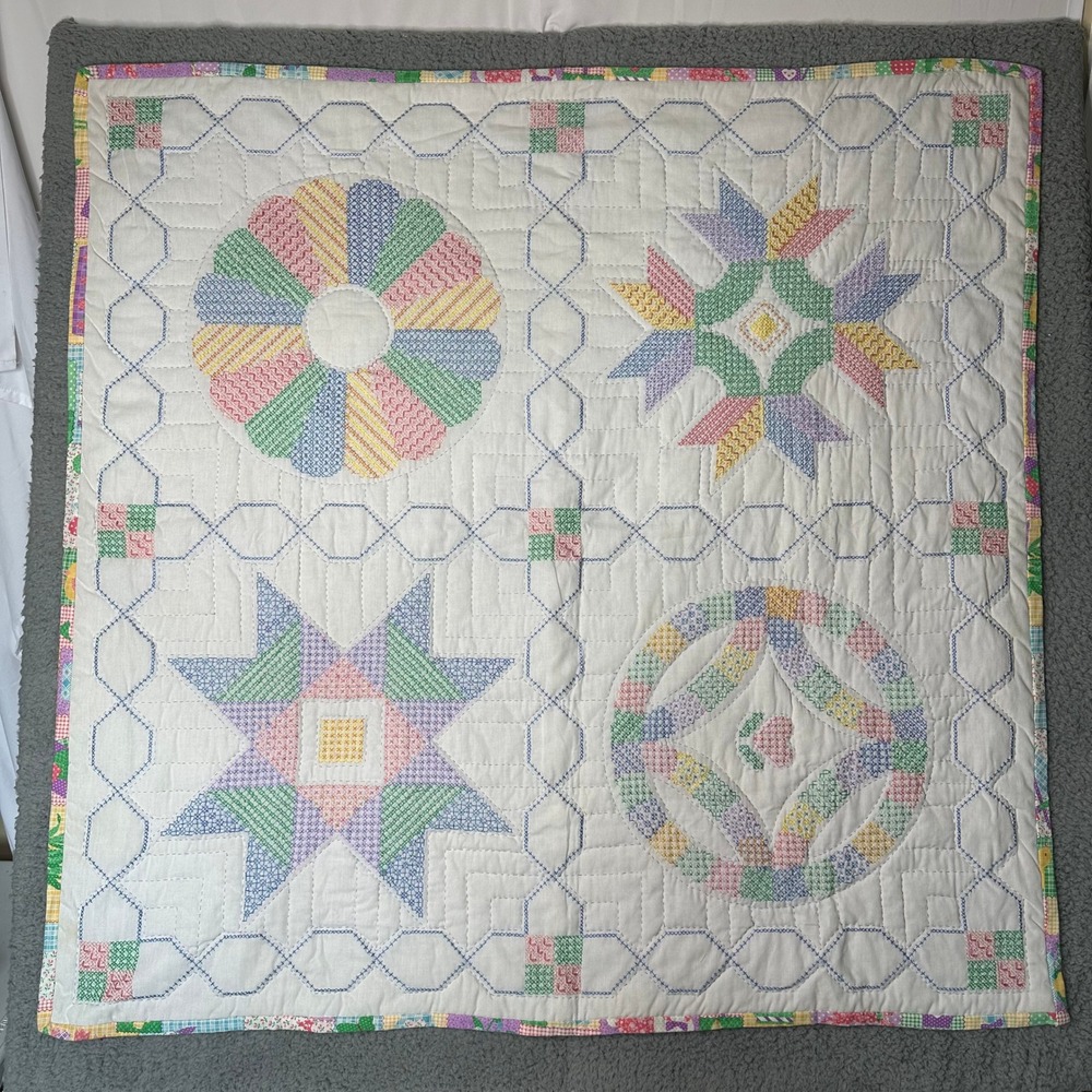 Vintage Hand Quilted Baby Blanket Cross Stitch Pastel Star Medallion